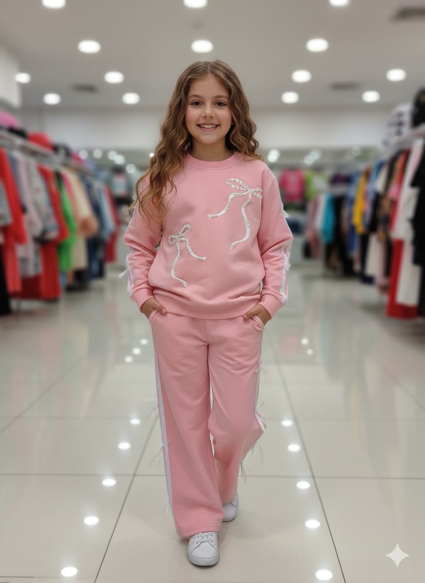 İnci Detaylı Kız Çocuk Eşofman Takımı - Pembe tam boy