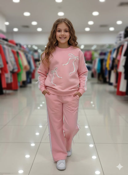 İnci Detaylı Kız Çocuk Eşofman Takımı - Pembe tam boy