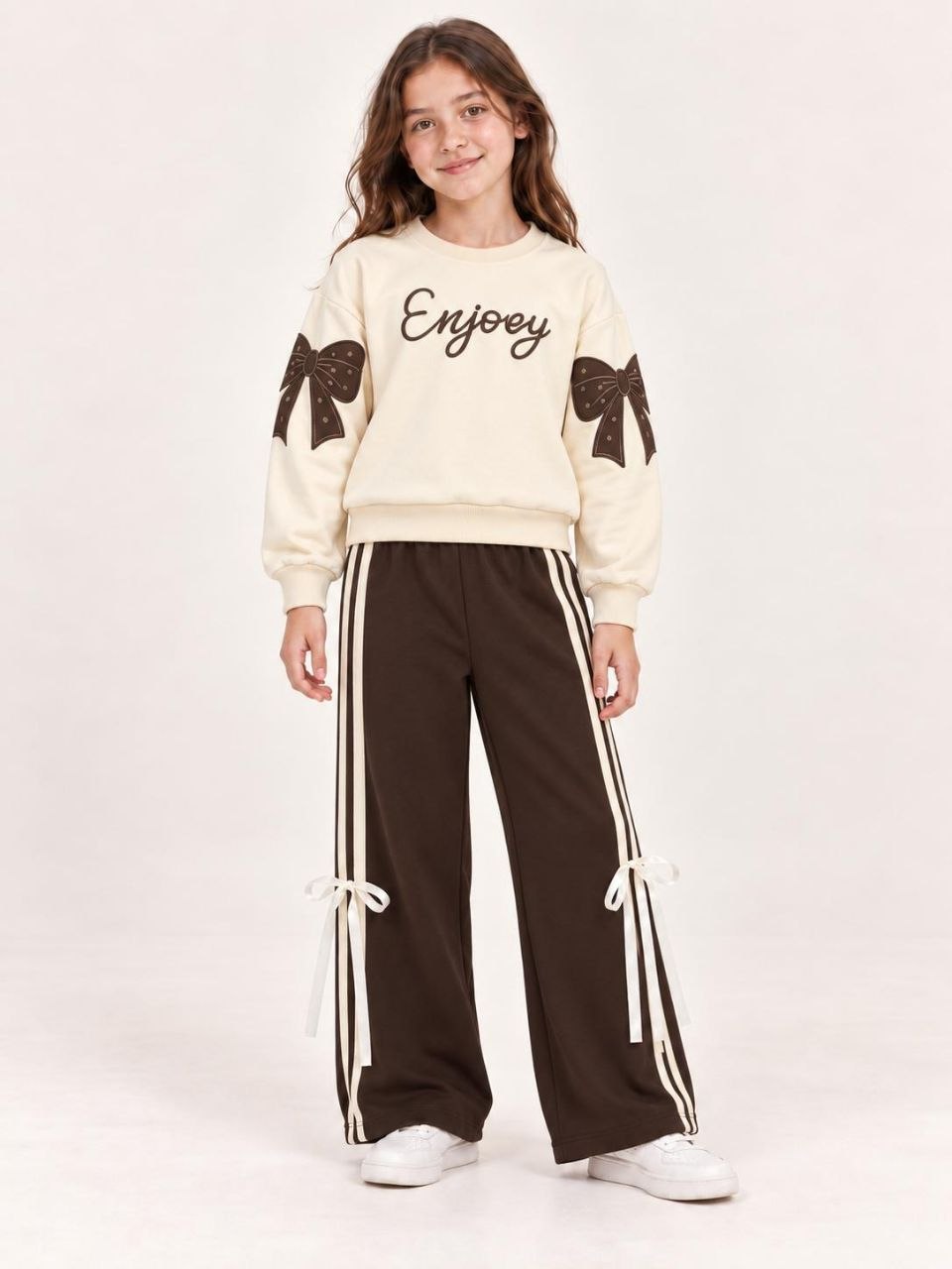 Kız Çocuk Fiyonk Detaylı Pamuklu İki İplik Eşofman Takımı - Nakışlı Sweatshirt Pantolon Set Kombin