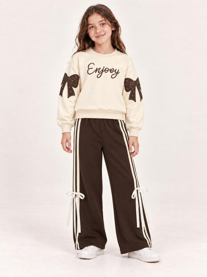 Kız Çocuk Fiyonk Detaylı Pamuklu İki İplik Eşofman Takımı - Nakışlı Sweatshirt Pantolon Set Kombin